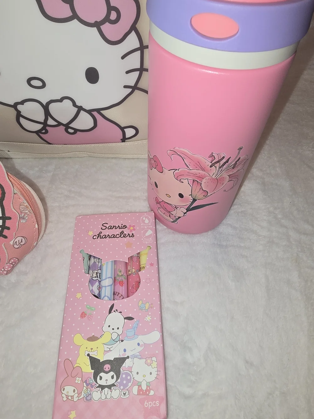NEW Hello Kitty 6-Pc Sanrio Bundle Canvas Tote Bottle Charger Pen Set Jewelry